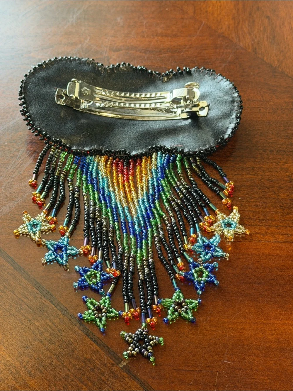 Native American Leather Beaded Star Barrette Hair Clip w/ Fringe Dangles